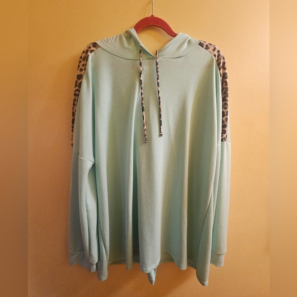 Heimish Mint Green Blue Sweatshirt Hoodie With Leopard Accents NWT 3X Light